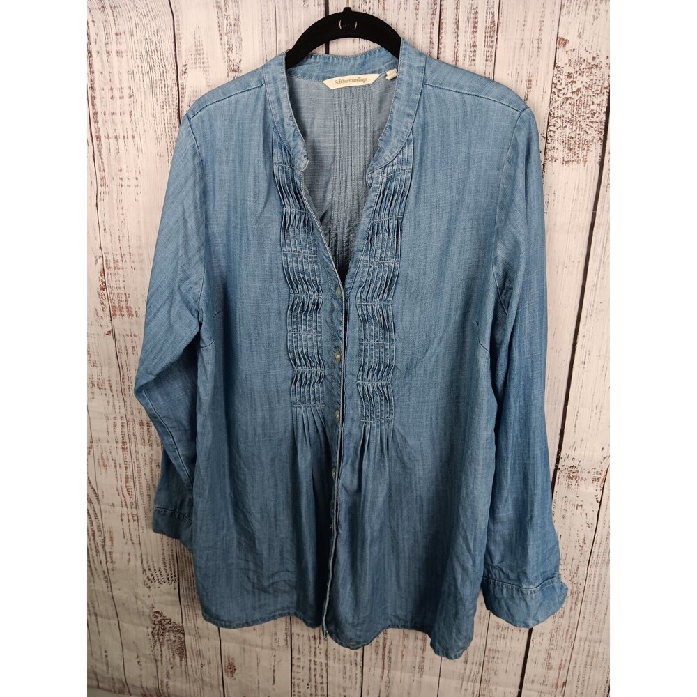 Soft Surroundings Tunic Blouse Woman's L Denim Chambray Long Sleeve Pleated